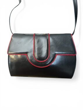 Bally International Vintage Black Leather Shoulder Bag with Red Piping
